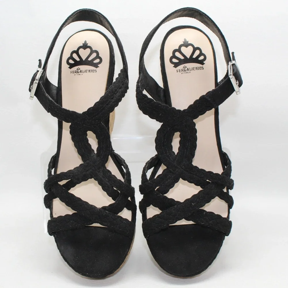 Fergalicious‎ Voyager Black Braided Cork Wedge Sandals Womens 9M Platform Strap